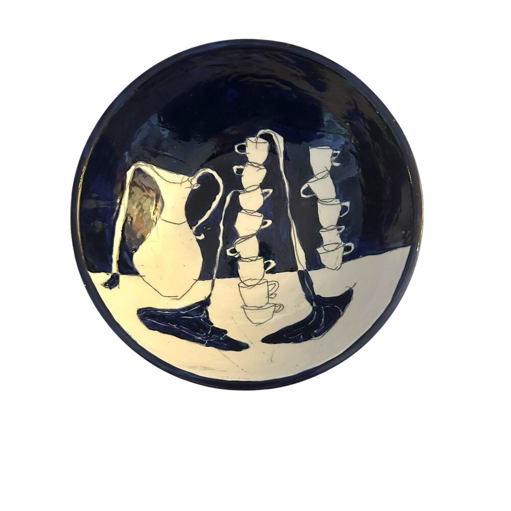 Hand Thrown Studio Art Pottery Bowl Signed Cobalt Blue White 8” W x 2.5” H